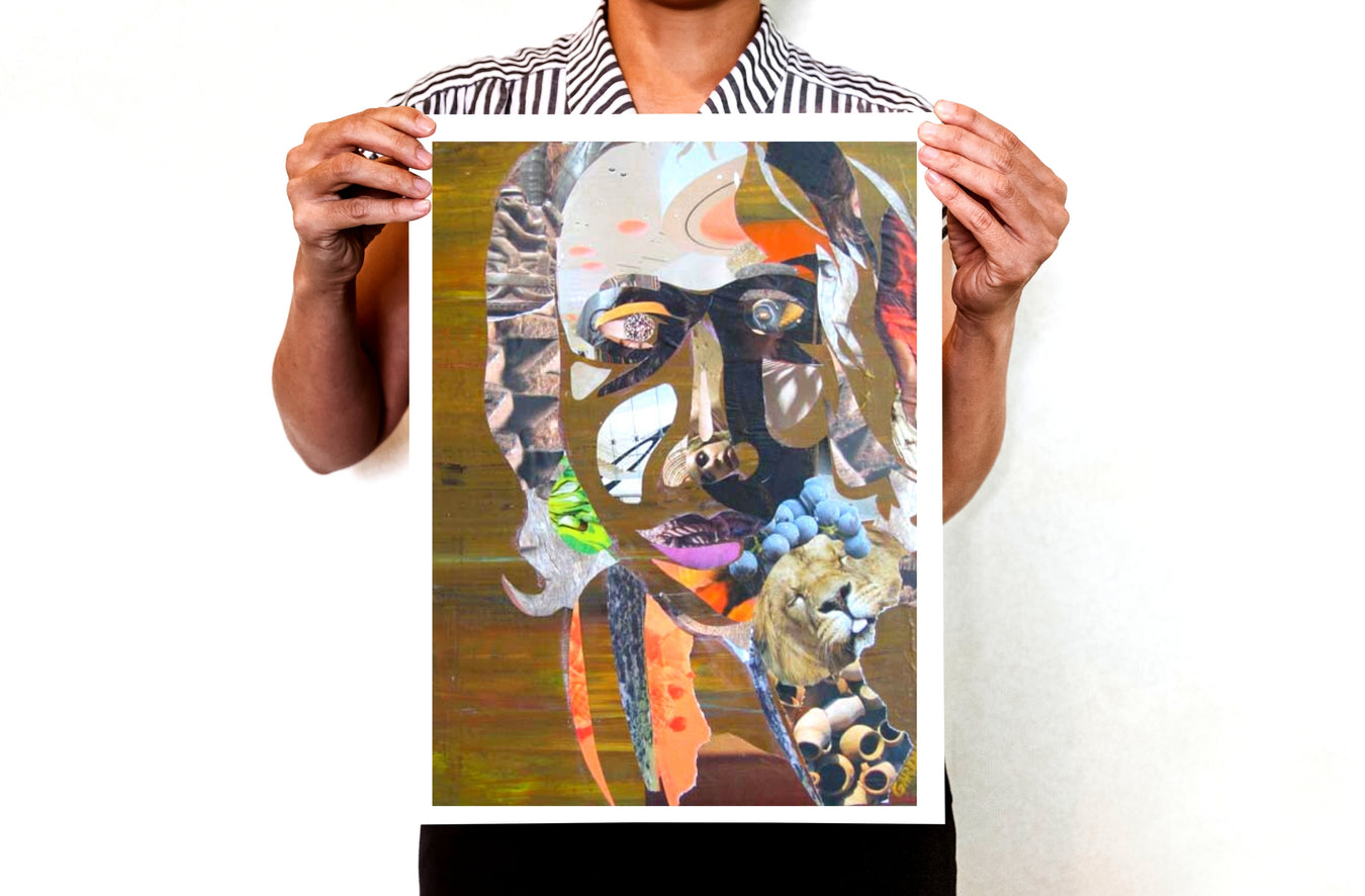 Mixed media collage print by artist GA Gardner titled International Woman.  Model holding print of collage art created for Gartsy.  Surreal style collage with browns depicting and african american woman's face. Large prints. archival print. 