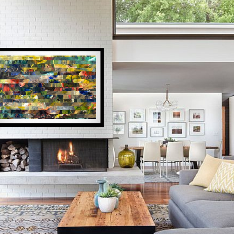 GA Gardner's art in light filled modern living room with white walls, modern art and furniture.  Fireplace with artwork from gartsy. Contemporary living space, loft living. 
