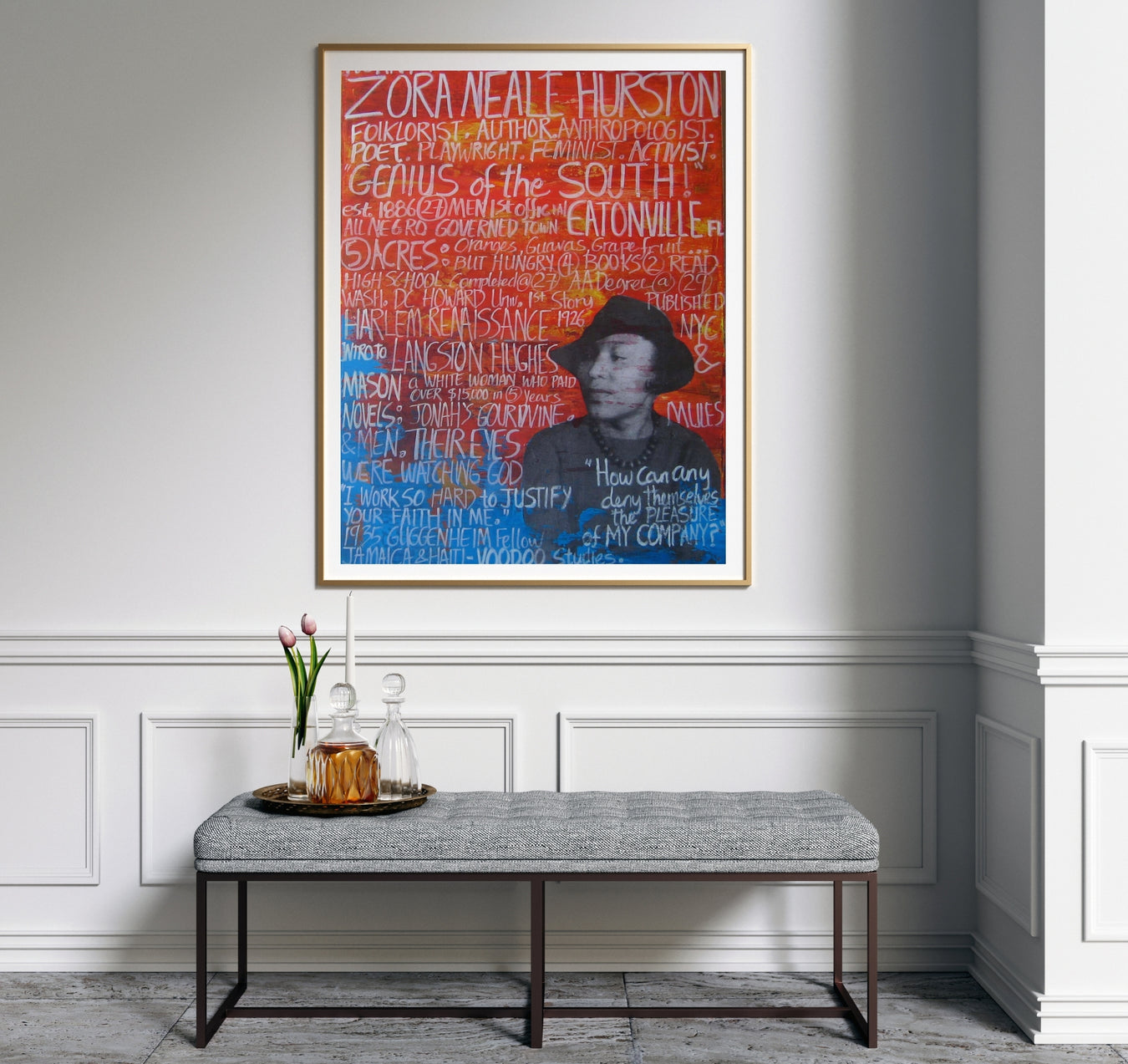 Large mixed media painting in contemporary space. Zora Neale Hurston. Textstraction art by GA Gardner.  Details biography of Zora Neale Hurston. Colorful vibrant painting in home interior.