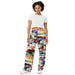 Women's long baggy art printed pants.  Colorful wide leg artsy pants
